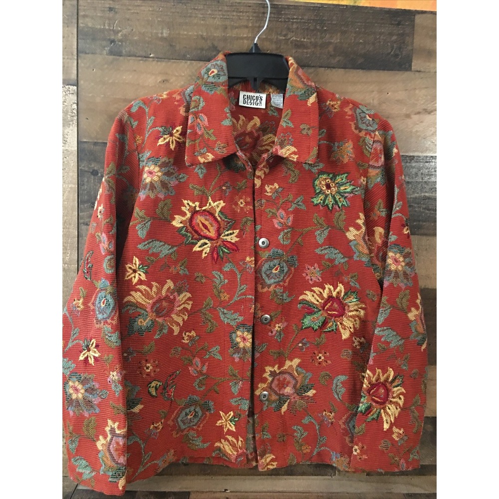 CHICO'S DESIGN Embroidered Floral Boho Jacket Women Size 1 Classic Cottagecore